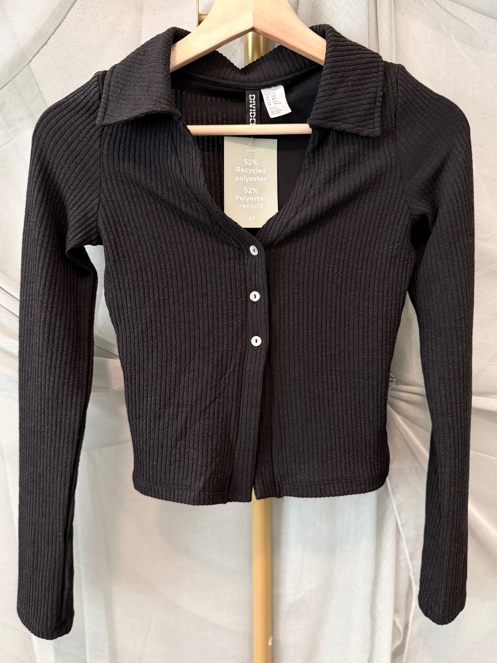 Divided Black Ribbed Collared Button-Front Crop Top - Picture 2 of 5
